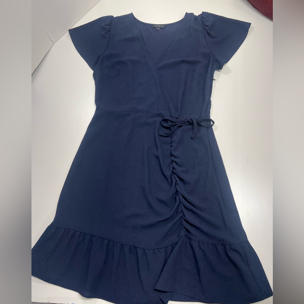 1.STATE Ruched Faux Wrap Dress Navy Blue Size Medium NEW - Picture 2 of 13